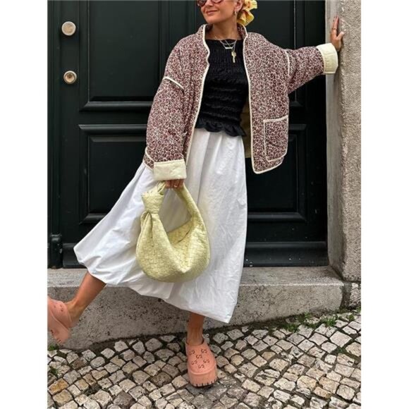 Womens Cropped Quilted Jacket Floral Print Puffer Cardigan Coat Lightweight - Picture 4 of 8